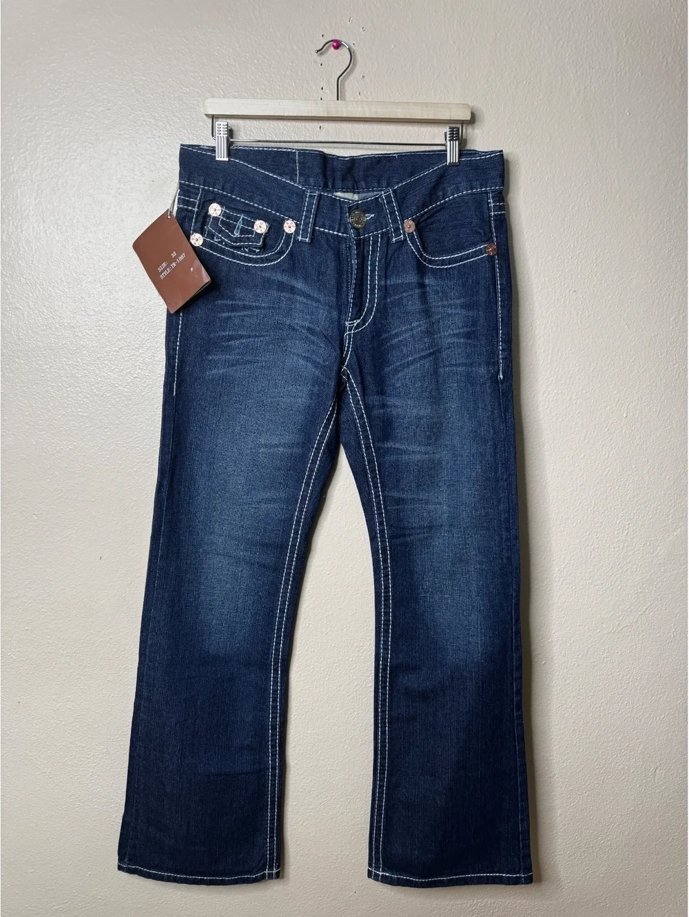 True Religion Womens Size 32X34 Billy Super T Bootcut Jeans Rhinestone Dark Wash